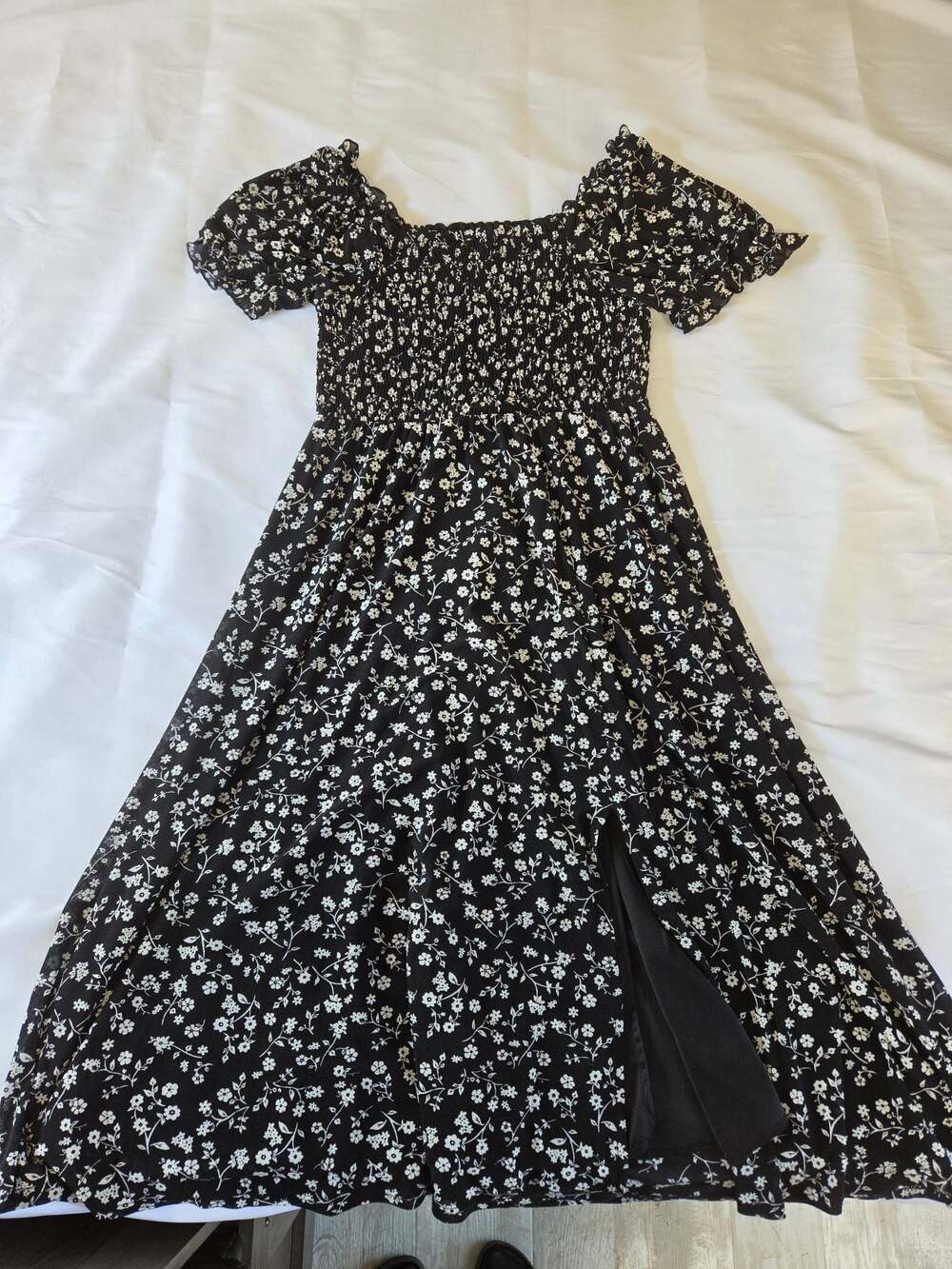 Whimsigoth Black and White Floral Smocked Off-the-Shoulder Dress with Front Slit
